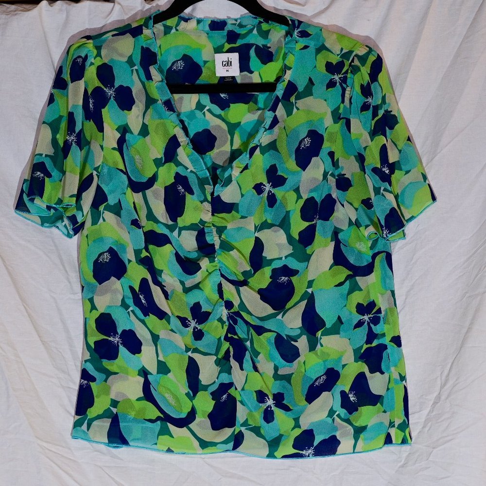 CAbi short sleeve blouse, medium m, blue and green floral pattern with edge trim